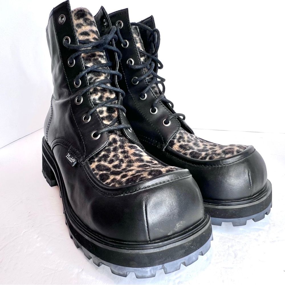 Retro Mudd Boots Combat Moto Y2K Leopard Black Genuine Leather 10 Lace Up